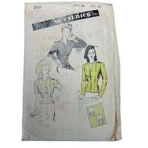 Butterick Vintage 1940's or 50's Pattern #2859 Women's Jackets 2 Lengths Size 16